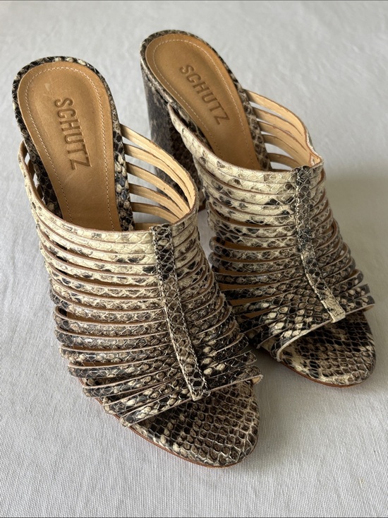 SCHUTZ Snakeskin Strappy Open-Toe Heels in Neutral Brown Laura animal print main image 1